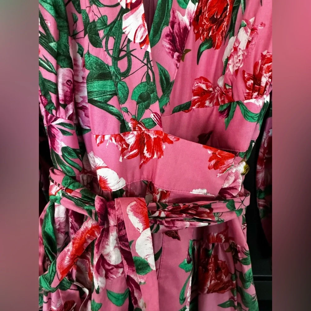 Gibson Latimer NWT Pink Floral Wrap Midi Dress Tiered Romantic Size Large 🌸 - Picture 7 of 8